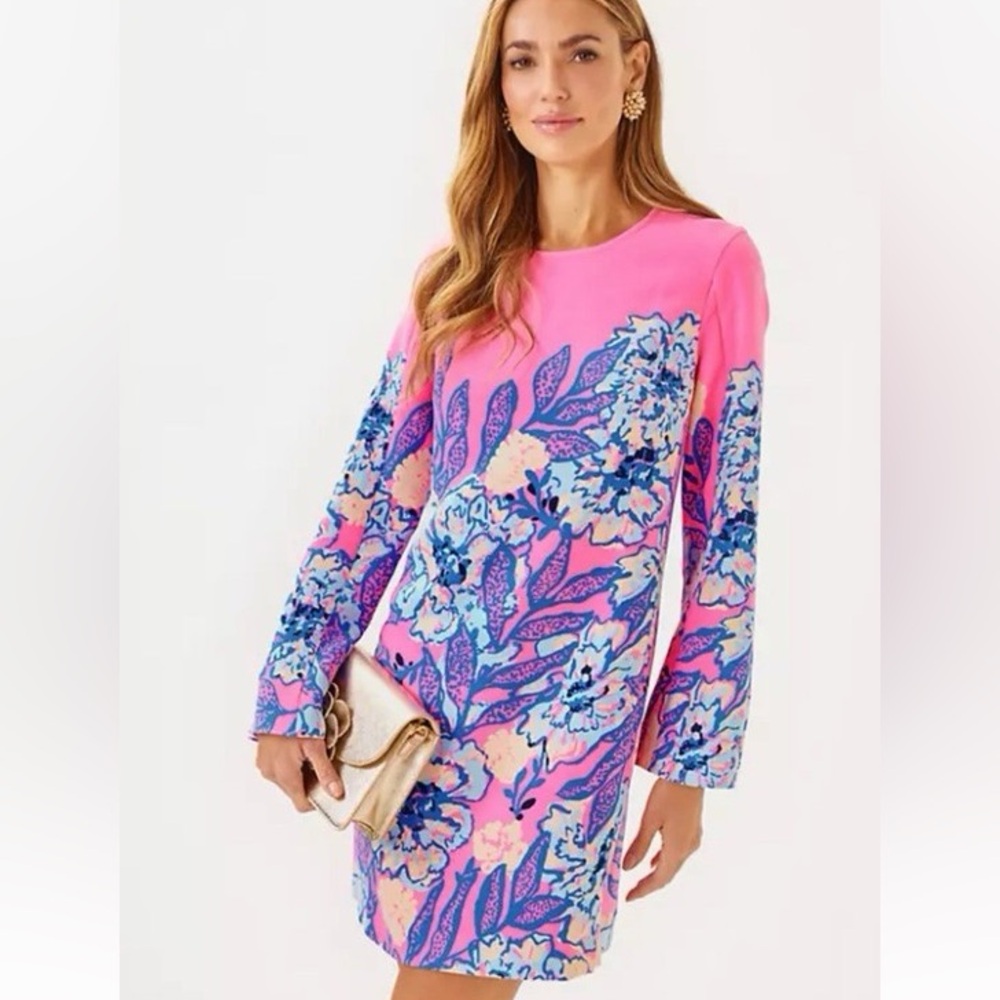 Lilly Pulitzer Pink Floral Long Sleeve Shift Dress with Blue Accents
